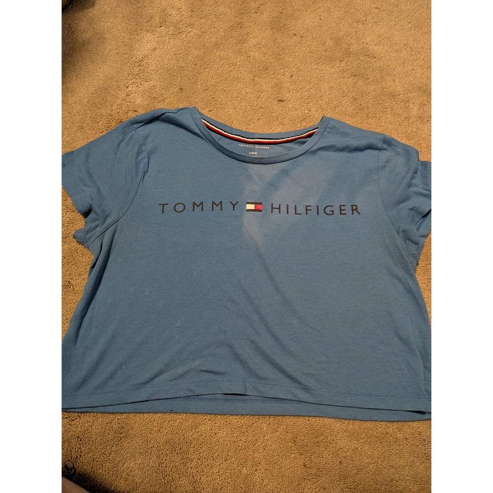 Tommy Hilfiger Womens Blue Logo Graphic Crop Top Tee Shirt Large L/G